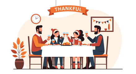 Fototapeta premium Family Celebrating Thanksgiving At Home With Traditional Dinner Illustration