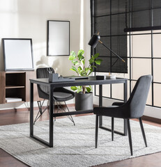 Contemporary Home Office Setup in Mid-Century Modern Style, a Sleek Black Desk, Elegant Velvet Chair, and Minimalist Decor Accents, brightened by natural light, panel blinds, functionality and style.