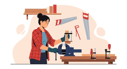 Female Carpenter Creates Wooden Artwork At Her Workbench In The Workshop