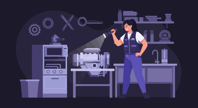 Female Mechanic Inspecting Engine With Flashlight In Workshop At Night