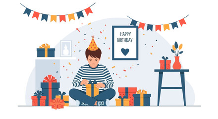 Festive Birthday Celebration Boy Opening Presents with Confetti and Decorations