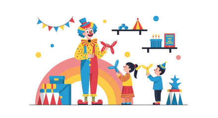 Obraz premium Festive Clown Entertaining Kids With Balloons At Fun Party Event