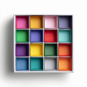Multicolored storage boxes top view isolated on a white background