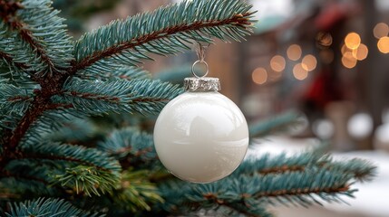 White ornament on a blue-green pine branch, blurred lights background