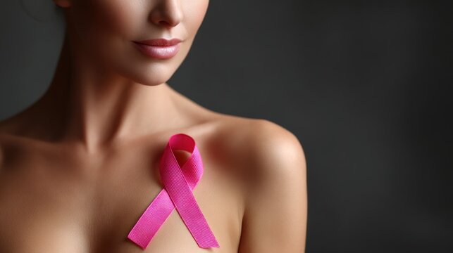 Woman with pink ribbon for breast cancer awareness on her chest