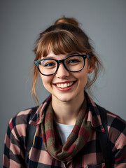 Studio shot of happy geek girl smiling and wearing eyeglasses wi