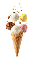 dynamic Ice cream scoops in waffle cone  flying on air on white background png