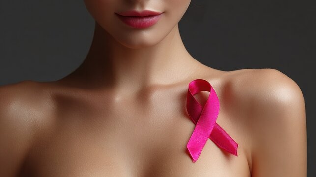 Woman with pink ribbon on skin