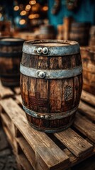 Wooden barrel with metal bands sitting atop a pallet in an indoor setting