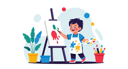 Fototapeta premium Enthusiastic Young Artist Creating Colorful Artwork On Canvas In Bright Studio