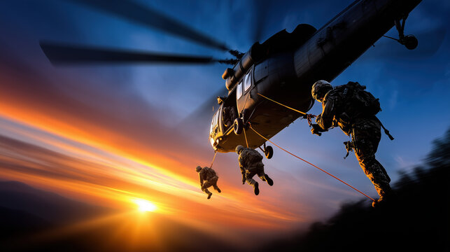 Soldiers fast-roping from a helicopter at sunset, performing a tactical exercise.