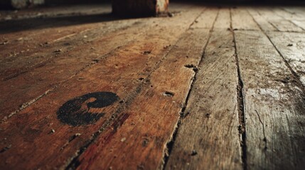 Worn wooden floor planks show age, texture, dirt, and imperfect detail