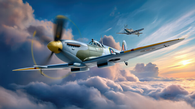 Supermarine Spitfire fighter planes flying high above the clouds at sunset.