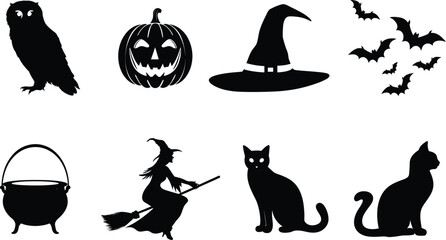 set of halloween element silhouette collection. Black and white vector editable file. pumpkin, ghost, cat, cauldron, horror house, female witch ride, owl, raven bird, skeleton, spider, witch hat