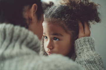 Woman comforting a little girl with curly hair, showing emotional support and care for mental health or sadness.