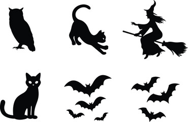set of halloween element silhouette collection. Black and white vector editable file. pumpkin, ghost, cat, cauldron, horror house, female witch ride, owl, raven bird, skeleton, spider, witch hat
