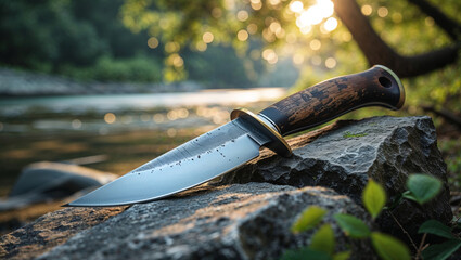 Close-up shot of a hunting knife on a stone near a river in the sunlight.