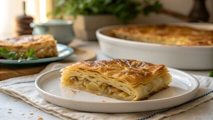 Golden Flaky Potato Börek Slice on Rustic Plate - Traditional Savory Pastry
