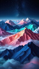 Colorful surreal mountain landscape above clouds, dreamlike peaks under night sky, fantasy terrain with vibrant ridges, abstract atmospheric nature scene