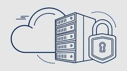 Cloud Computing Data Security and Server Protection Line Art Illustration