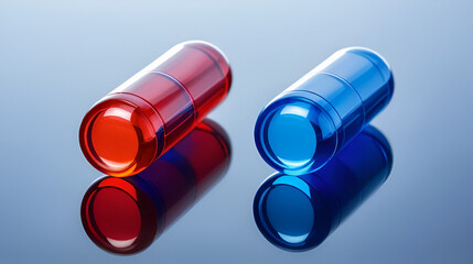 Close-up of two red and blue capsules meeting on a reflective surface, illuminated from behind, medical and pharmaceutical concept.