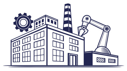 Obraz premium Modern Industrial Factory Building with Robotic Arm and Gear Icon - Manufacturing Automation Concept Line Art