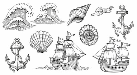 Fototapeta premium Playful hand-drawn ocean and marine life illustrations. Doodle art of waves, seashells, anchors, and pirate ships. Nautical ink sketch style