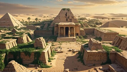Ancient Egyptian temple ruins nestled amidst the vast desert landscape under the sun.
