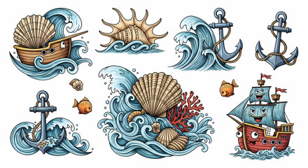 Playful hand-drawn ocean and marine life illustrations. Doodle art of waves, seashells, anchors, and pirate ships. Nautical ink sketch style