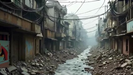 Aftermath of disaster showing devastation with flowing water in a destroyed city, conveying loss and environmental impact for news and documentaries