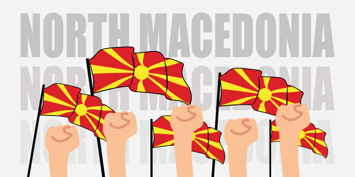 hand with flag of the North Macedonia or North Macedonia independence day vector illustration of North Macedonia flag with gray background banner or greeting card - Powered by Adobe