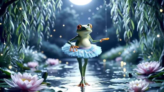 A frog dance in a tutu stands in a pond with lily pads under a glowing moon, surrounded by weeping willow branches.