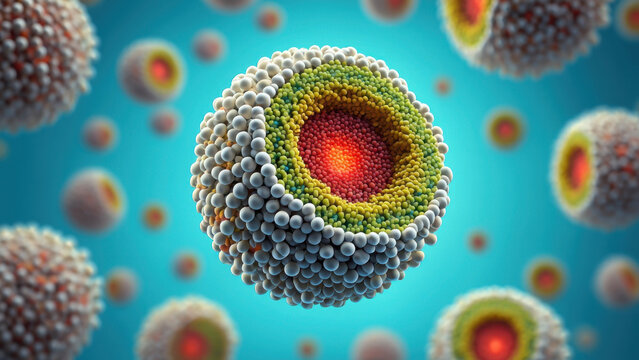 Liposome molecular structure in vibrant rendering, layered lipid spheres for pharmaceutical delivery, nanotechnology skincare system, colorful biomolecule visualization