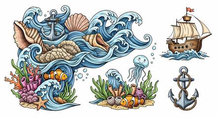 Playful hand-drawn ocean and marine life illustrations. Doodle art of waves, seashells, anchors, and pirate ships. Nautical ink sketch style