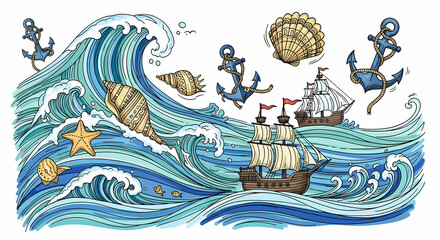 Playful hand-drawn ocean and marine life illustrations. Doodle art of waves, seashells, anchors, and pirate ships. Nautical ink sketch style