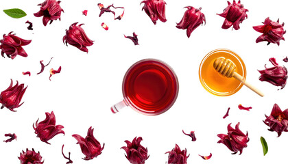 Roselle herbal tea with honey in glass cup on white background top view  png