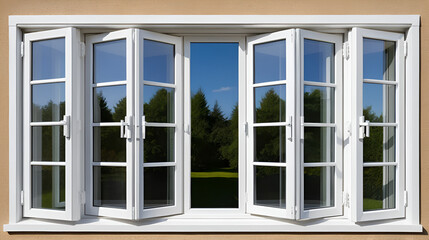 Windows with opened casements. White plastic triple doors window isolated.