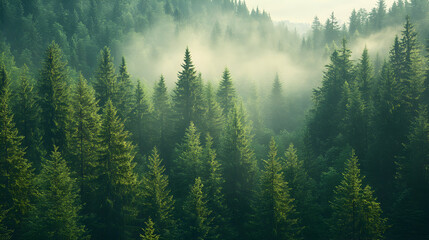 Misty mountain forest with evergreen trees.