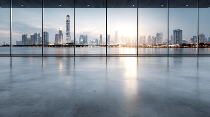 Fototapeta premium Smooth Polished Concrete Floor with City Skyline View