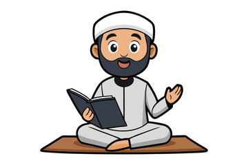 Charming cartoon illustration of a bearded muslim man in traditional attire reading a book on a prayer mat
