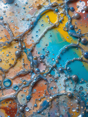 Macro shot of water oil emulsion over colored background