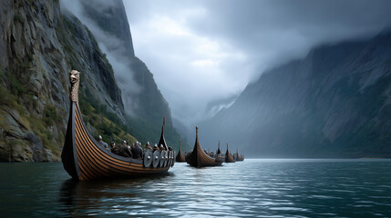 Viking longboats sail on a fjord, surrounded by towering mountains and mist.