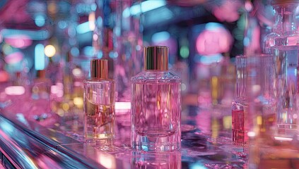 Perfume bottles display, neon lights, city bar, night