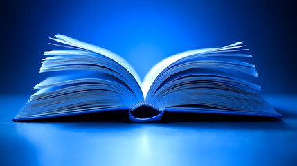 Naklejka premium Open book on a blue surface, illuminated from below.