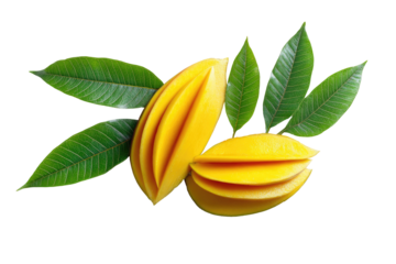 Two halves of a yellow mango, star-shaped cut, resting on lush green leaves