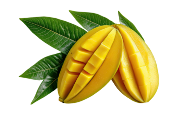 Two halves of a ripe mango, vibrant yellow flesh, segmented, resting atop lush green leaves