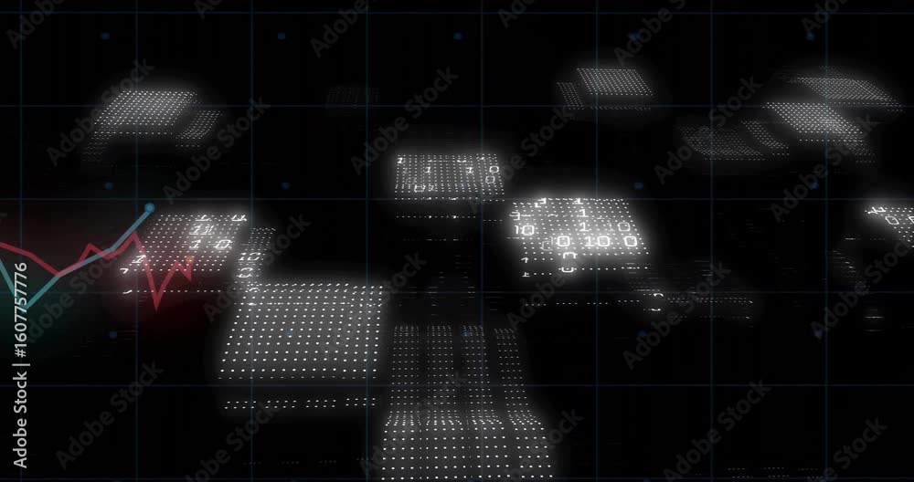 Poster grid pulse sending floating data arrays and binary code guiding line graph showing market trends