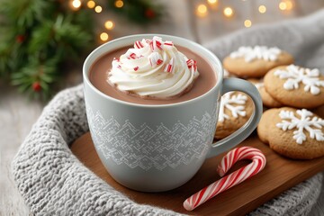 Hot chocolate with whipped cream, candy canes and christmas cookies warming on a cozy winter day