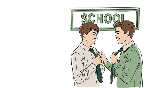 New school uniform shown with two students adjusting ties. New school uniform is fresh and smart, presented with a bright school sign and clean shirts, ready for back to school.
