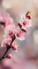Obraz premium Delicate Pink Blossoms on a Branch with Soft Bokeh Background